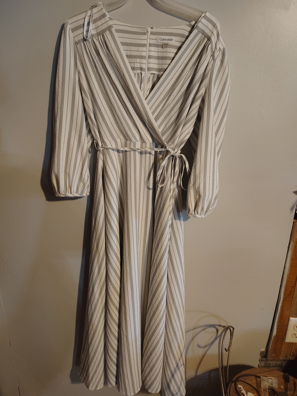 Calvin Klein Cream and Gray Striped Wrap Dress